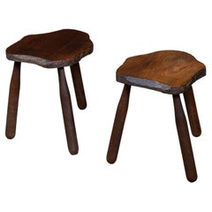 French Brutalist Handcarved Tripod Stool, a Pair