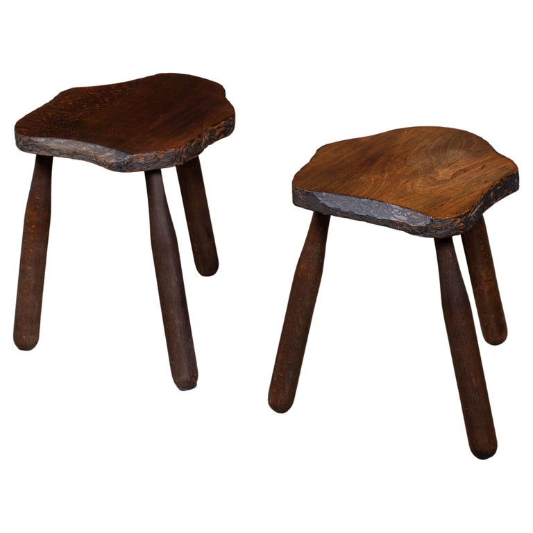 French Brutalist Handcarved Tripod Stool, a Pair For Sale at 1stDibs