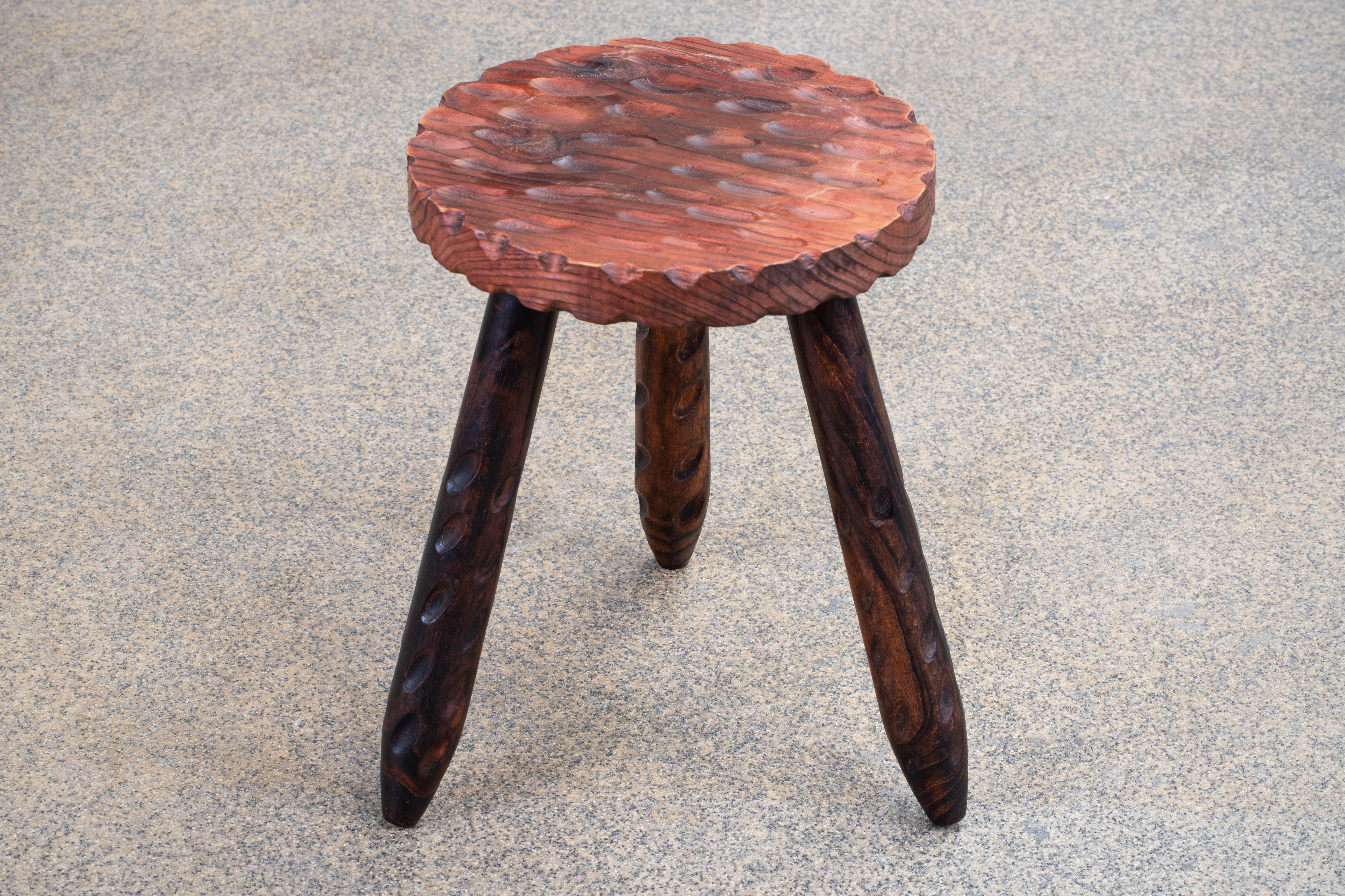 Mid-Century Modern French Brutalist Handcarved Tripod Stool For Sale