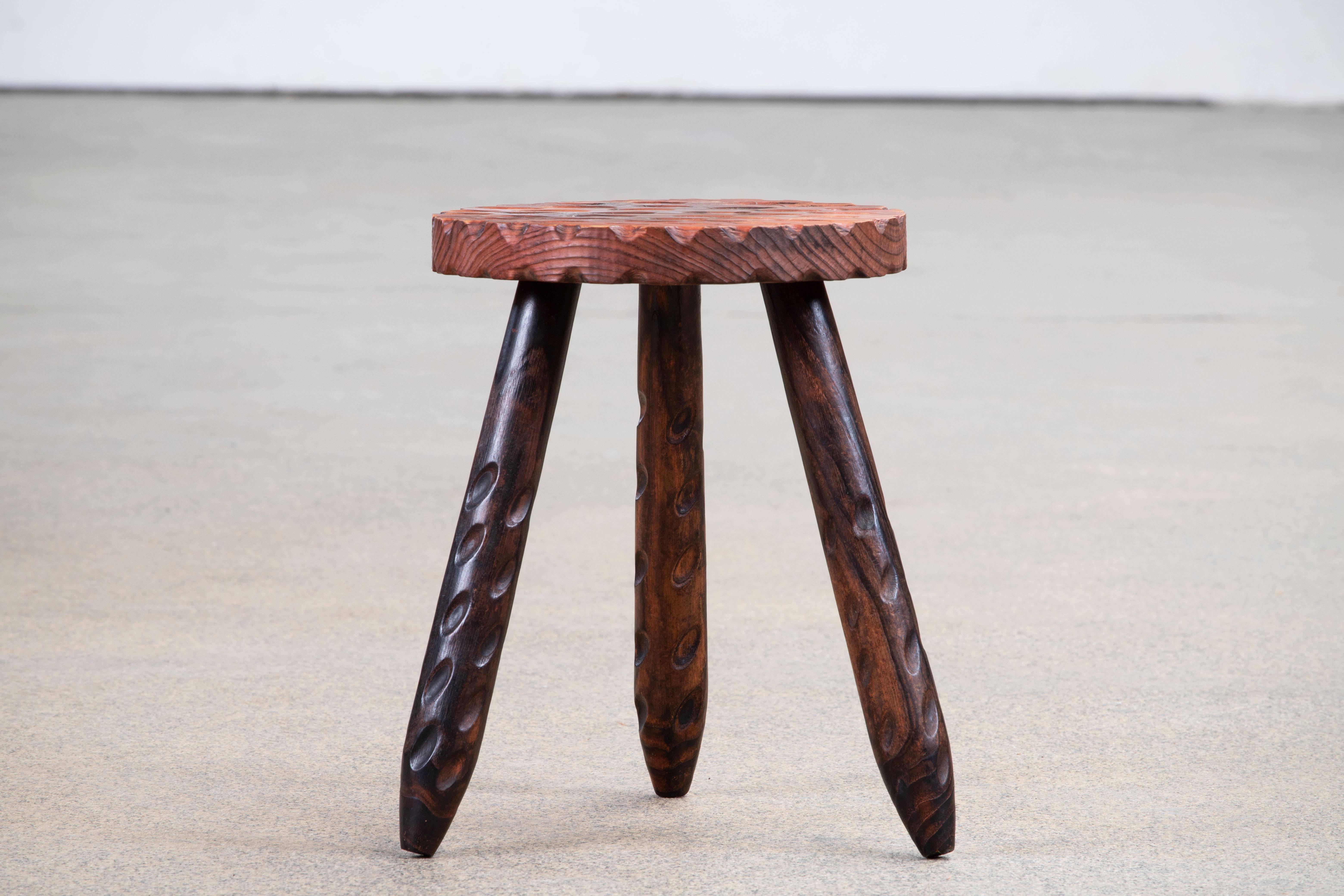Hand-Carved French Brutalist Handcarved Tripod Stool For Sale