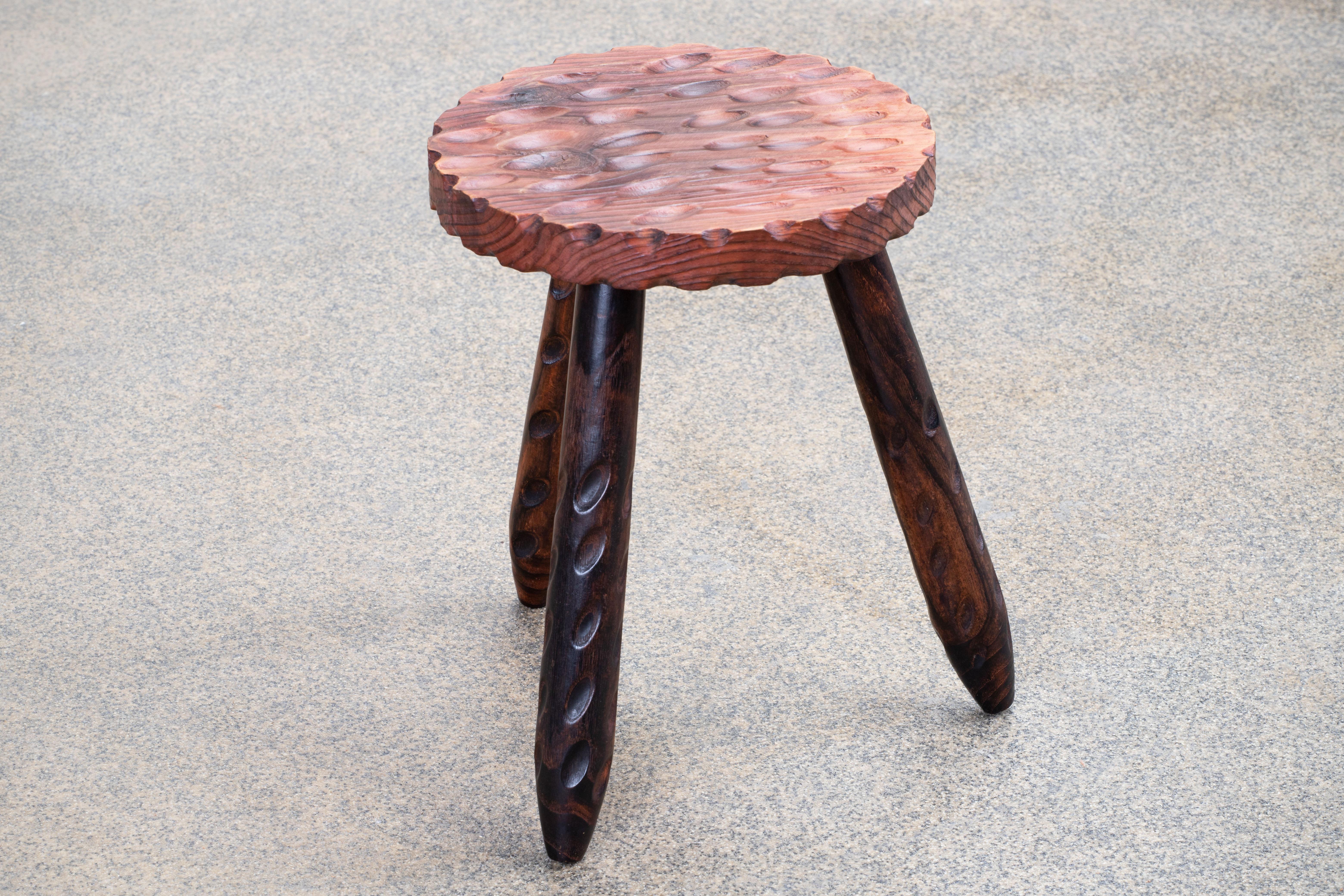 20th Century French Brutalist Handcarved Tripod Stool For Sale
