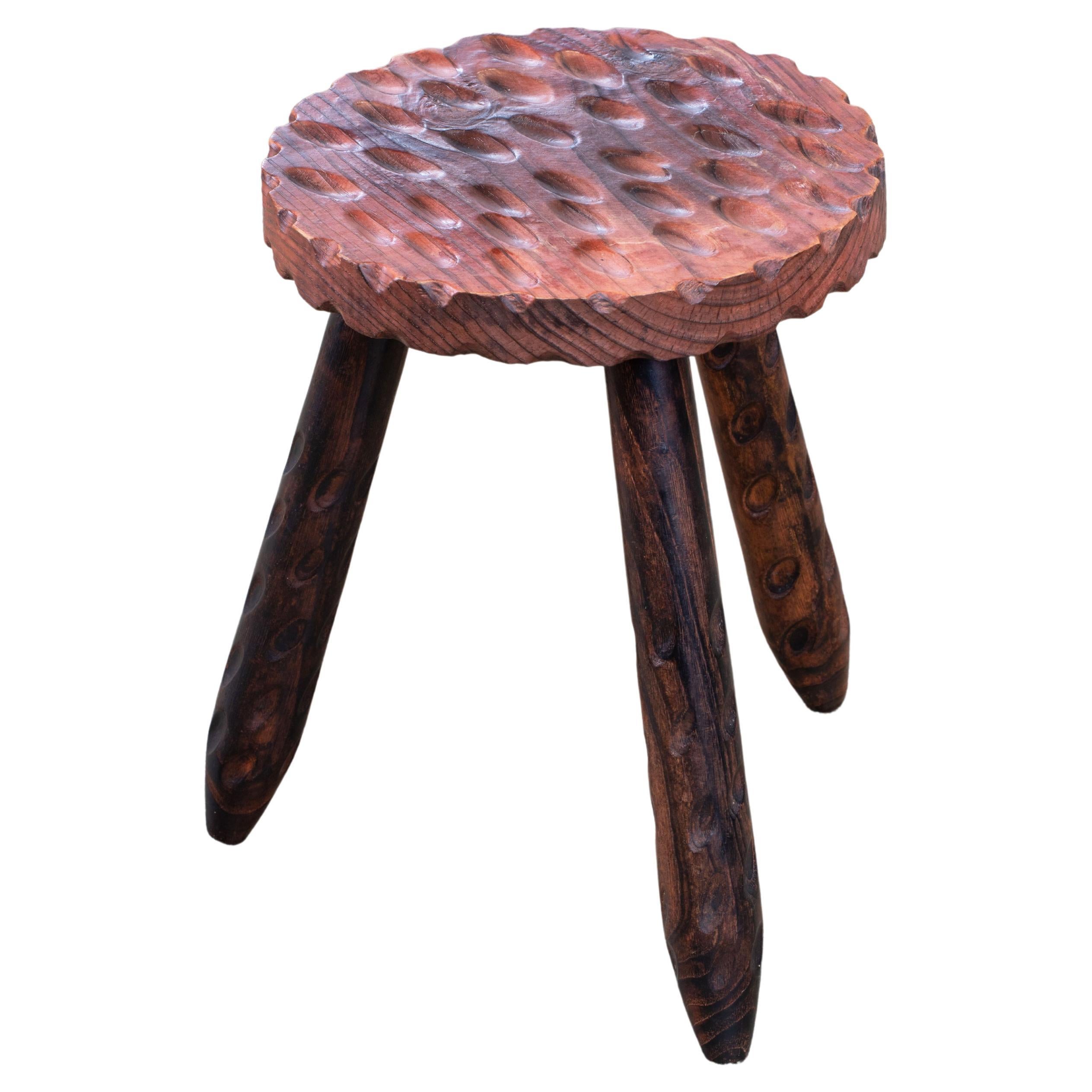 French Brutalist Handcarved Tripod Stool For Sale