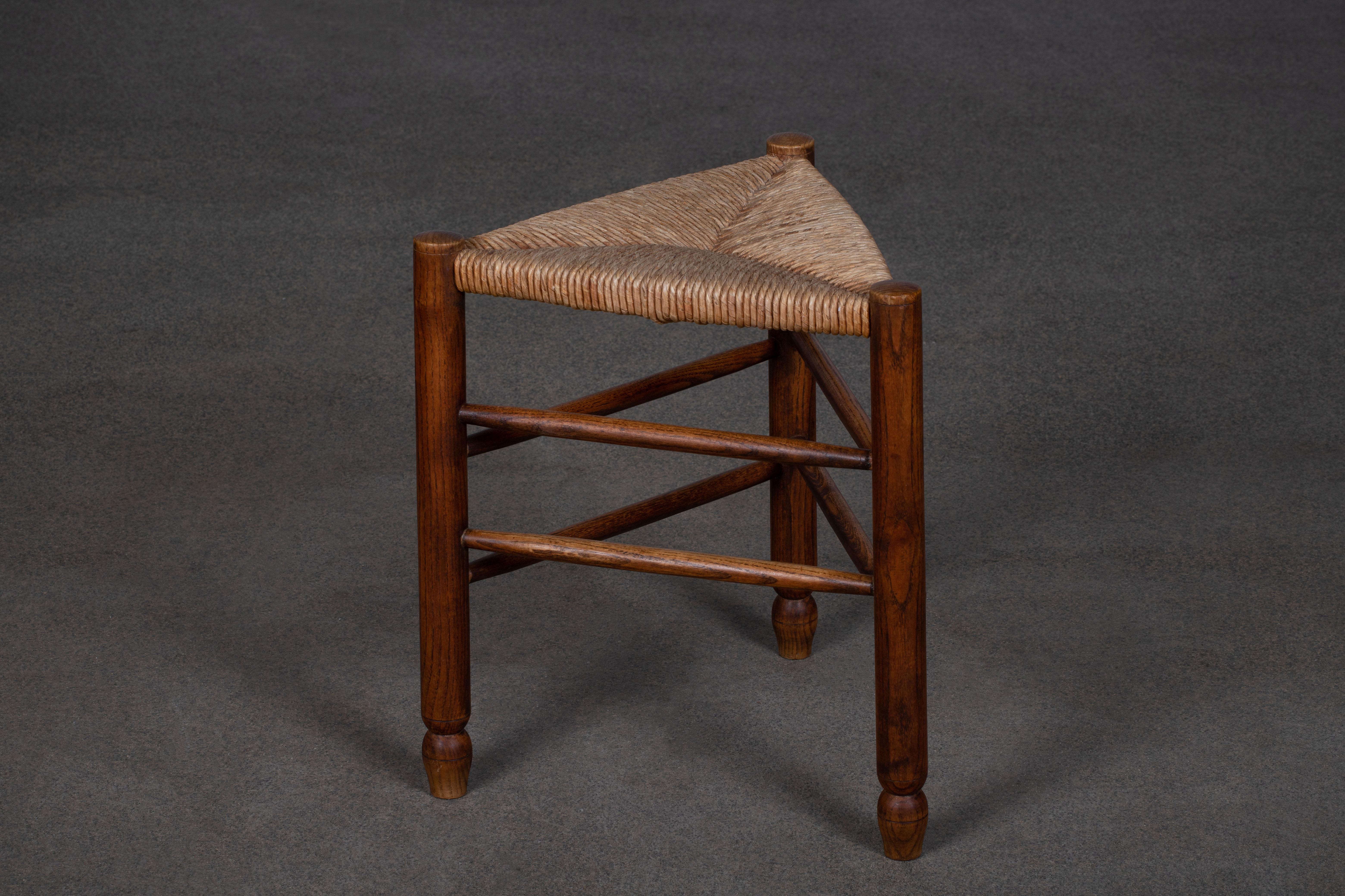 Oak French Brutalist Handcarved Tripod Stool, in Style of Charlotte Perriand