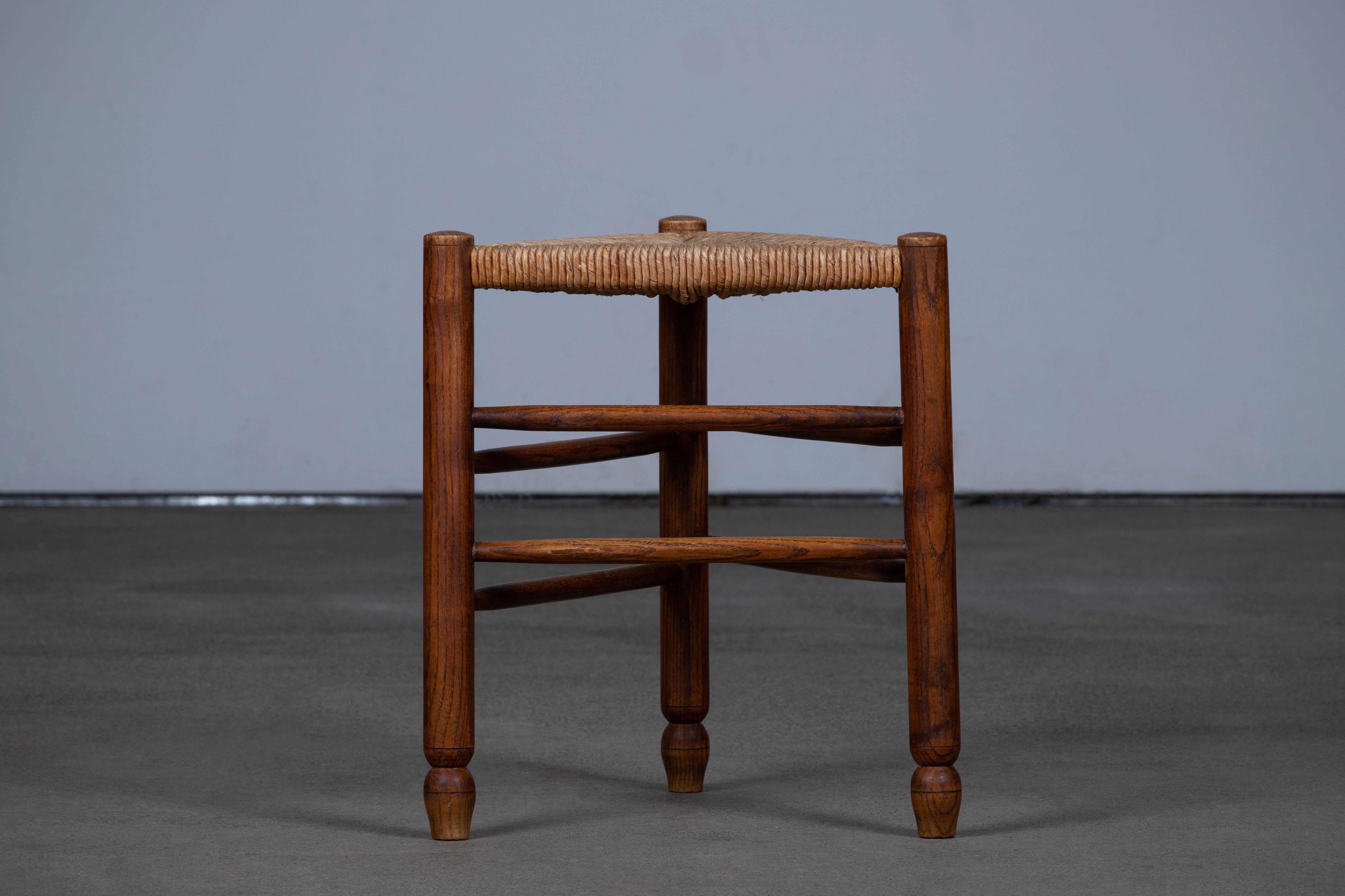 French Brutalist Handcarved Tripod Stool, in Style of Charlotte Perriand 1