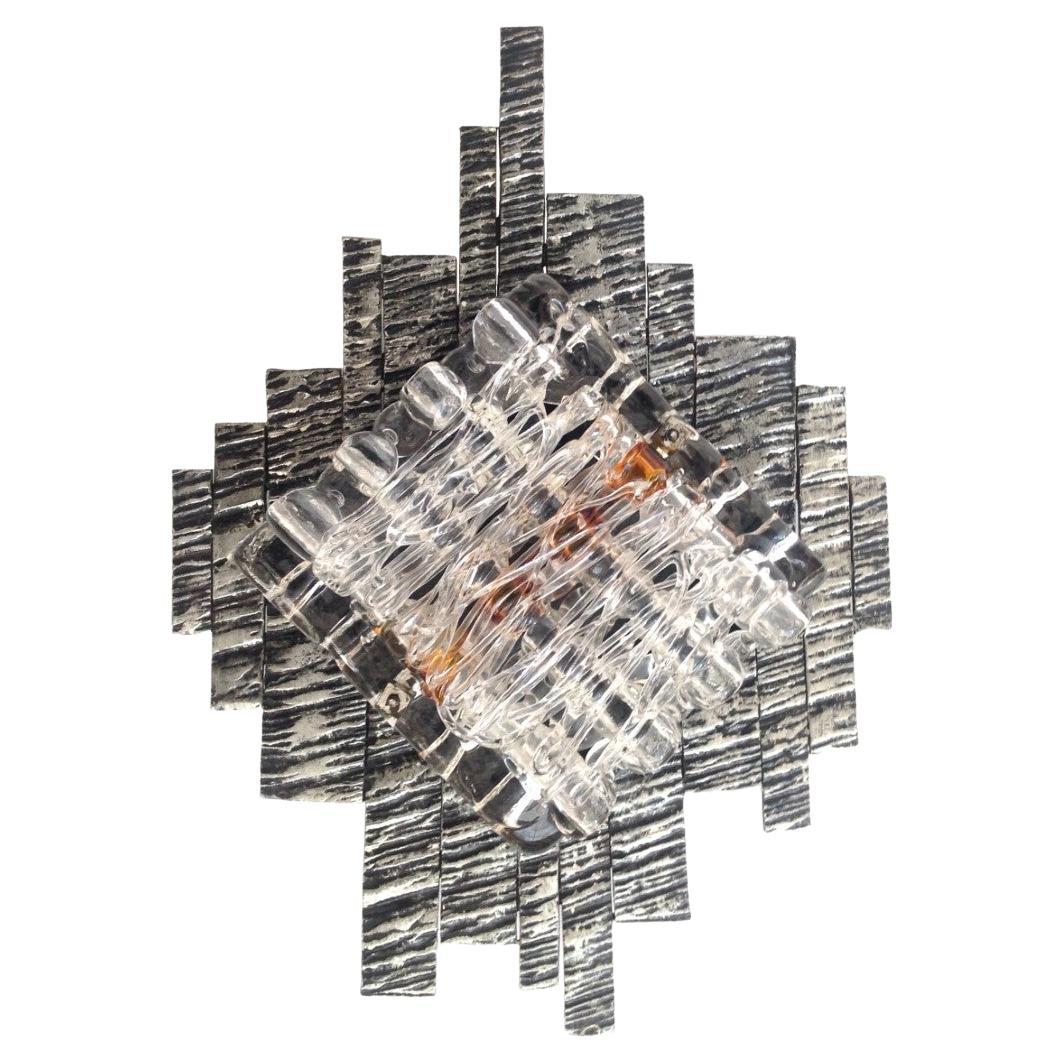 French Brutalist Individual Iron Murano Glass Wall Sconce, 1970s