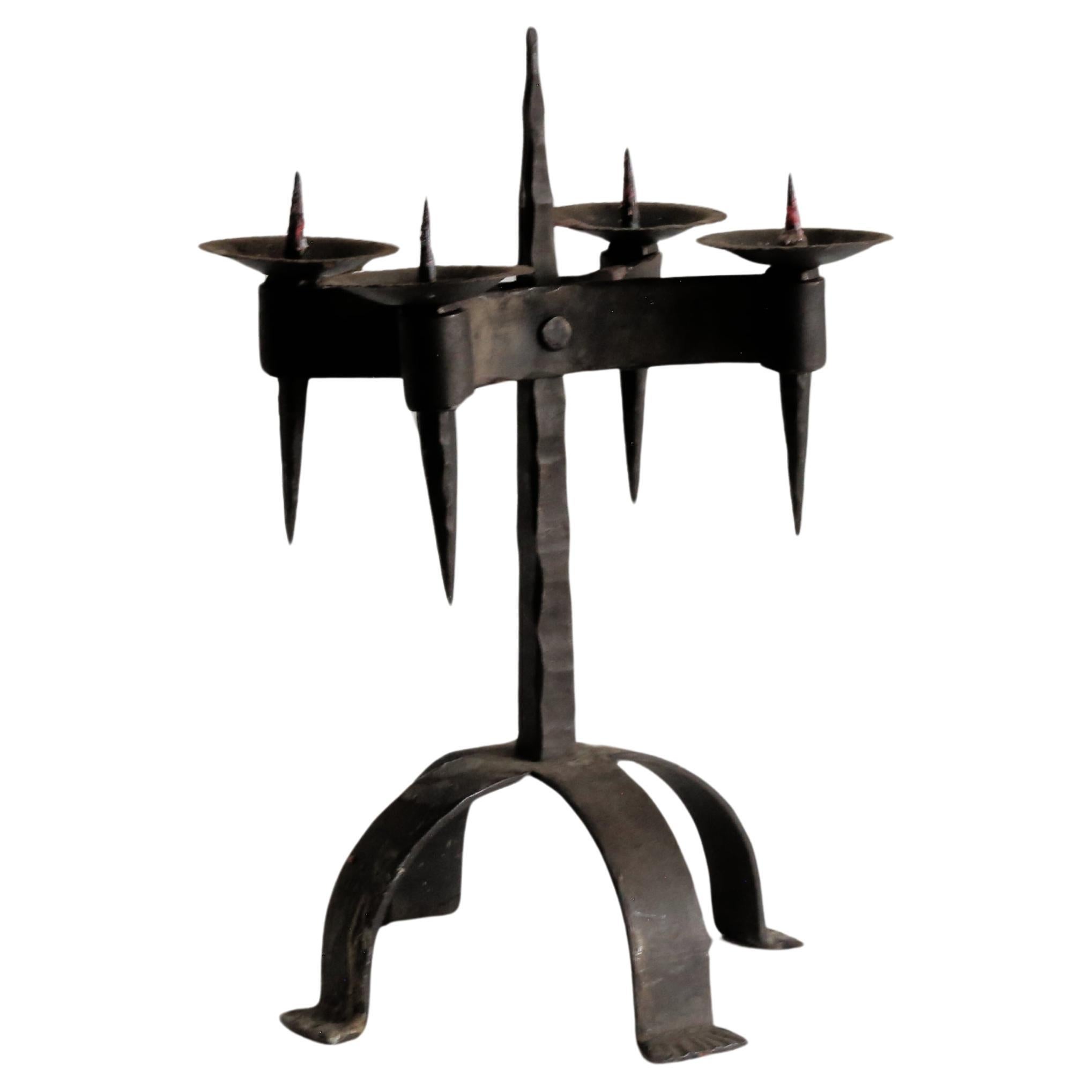 French Brutalist Iron Candelabra  For Sale