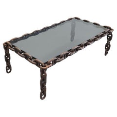 French Brutalist Cast Iron "Chain" Sofa Table Smoked Glass Top, France 1960s