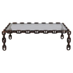 Mesa de centro Brutalista Francesa "Cadena" de Hierro Tapa de cristal ahumado, Francia Años 60