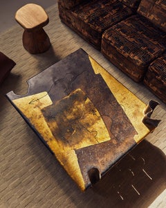 French Brutalist Iron + Gold Leaf Coffee Table by Jean-Jacques Argueyrolles