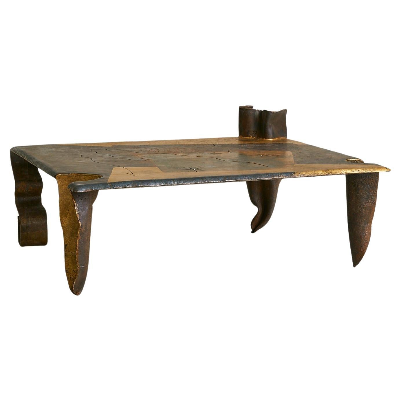 French Brutalist Iron + Gold Leaf Coffee Table by Jean-Jacques Argueyrolles