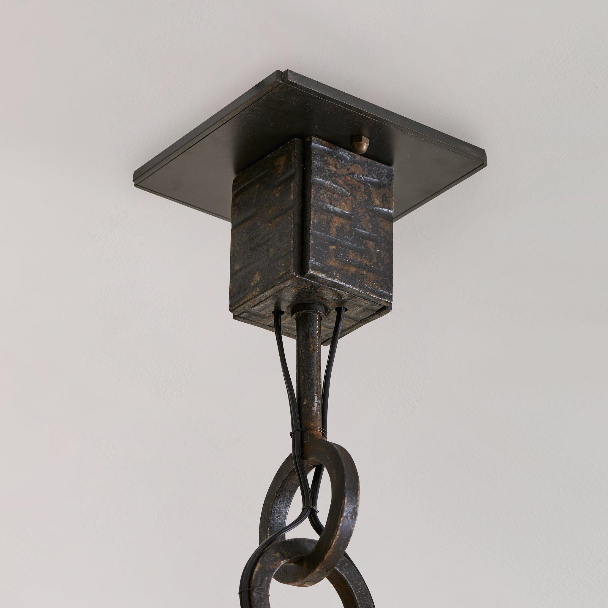 French Brutalist Iron Two-Light Pendant, 1960s In Good Condition For Sale In Chicago, IL