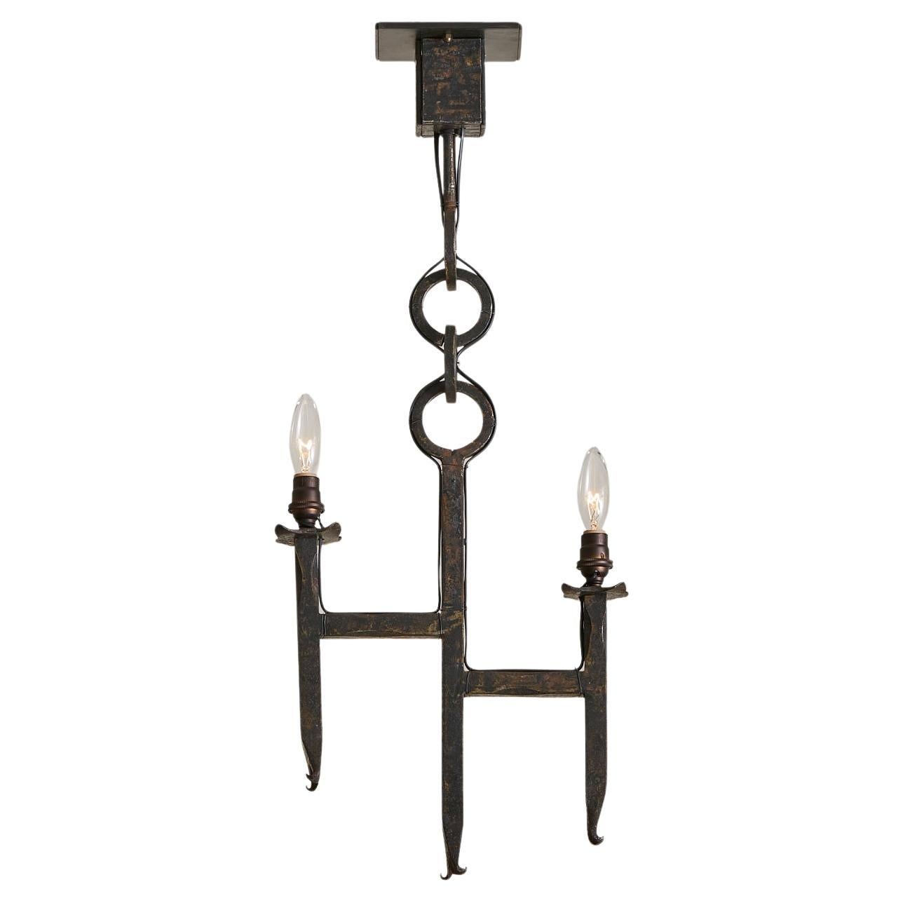 French Brutalist Iron Two-Light Pendant, 1960s For Sale