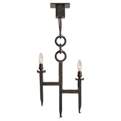 French Brutalist Iron Two-Light Pendant, 1960s