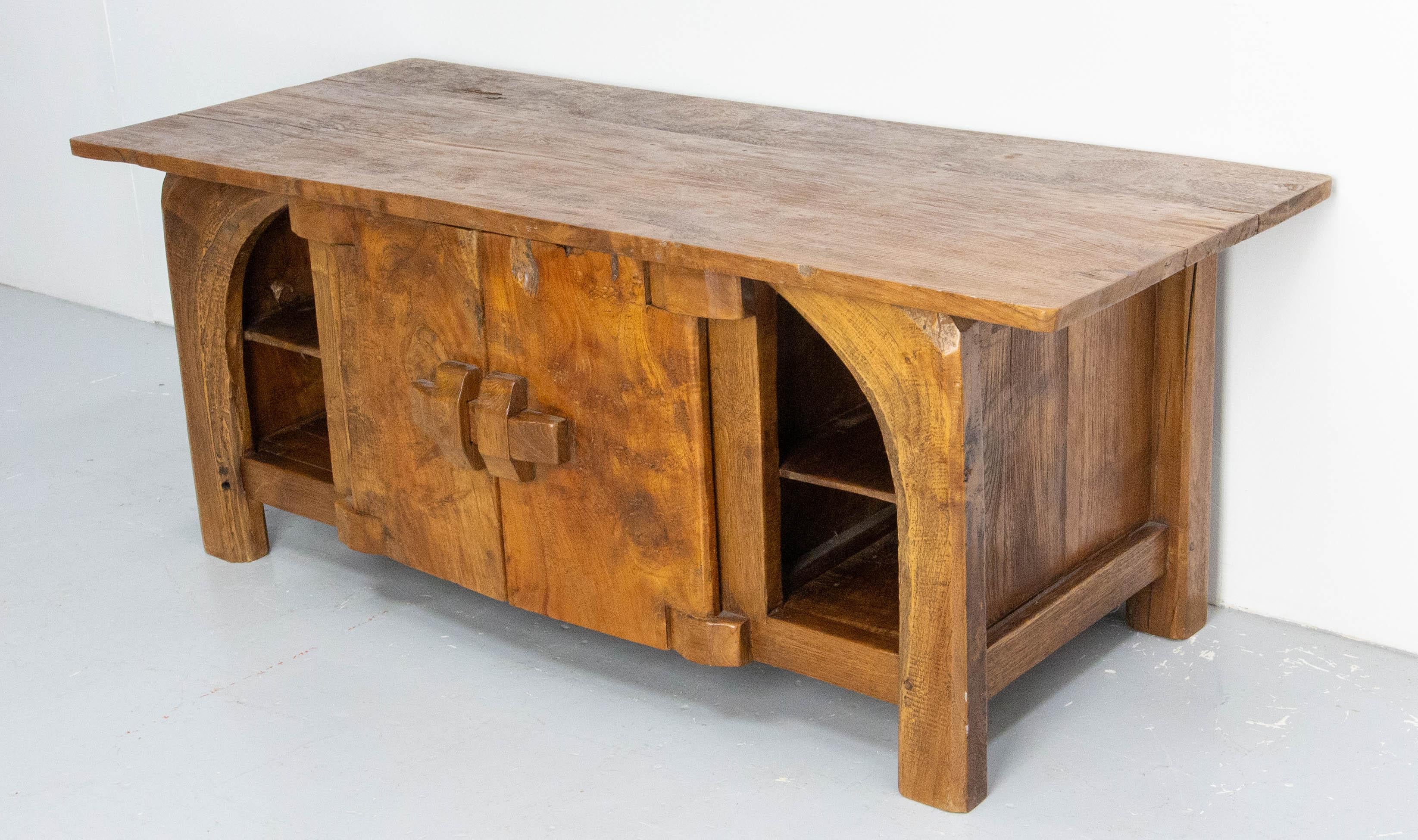 Wood French Brutalist Little Buffet, End Bed or Low Cabinet, circa 1990 For Sale