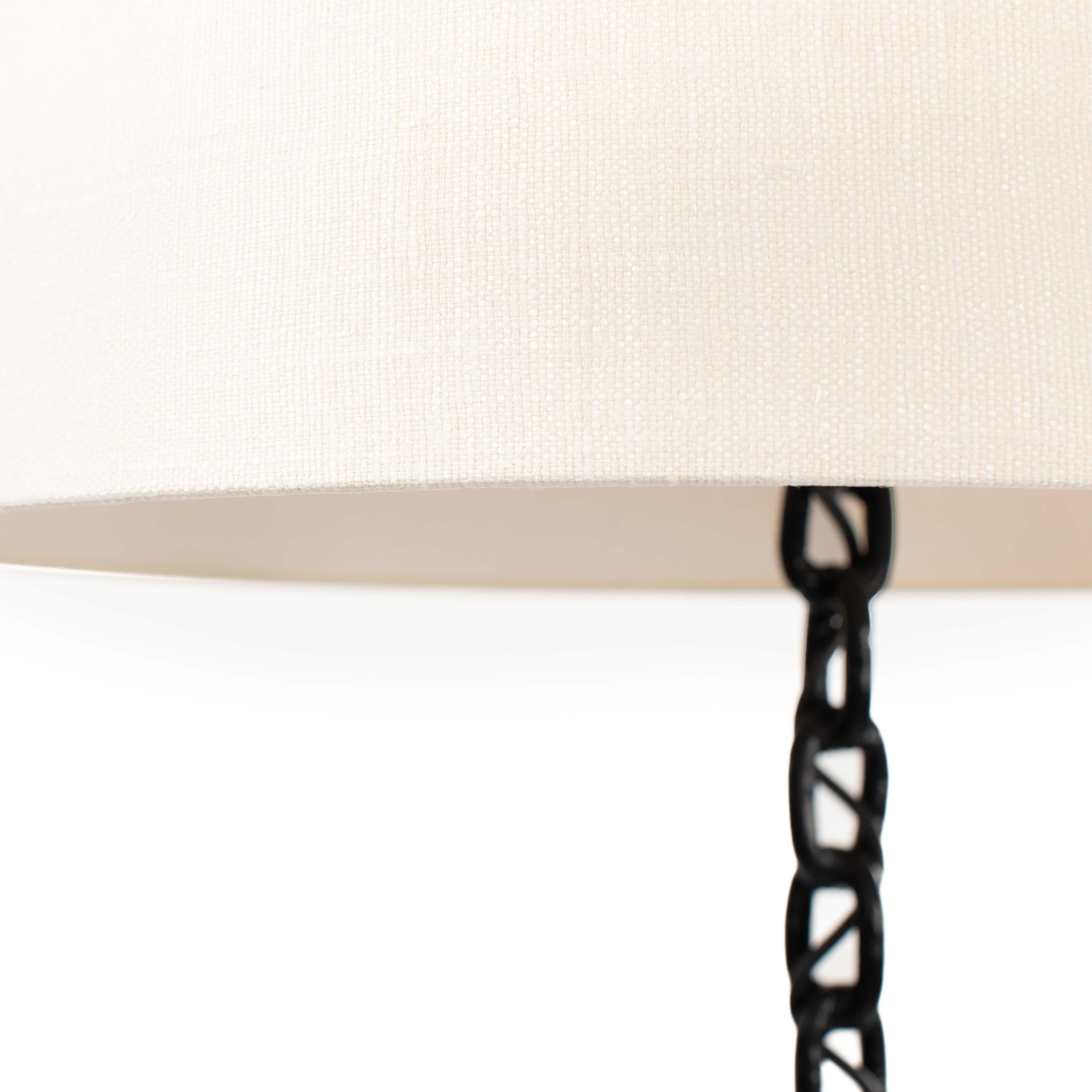 Mid-Century Modern French Brutalist Mid-Century Black Iron Chain Floor Lamp White Silk Shade 1960s For Sale