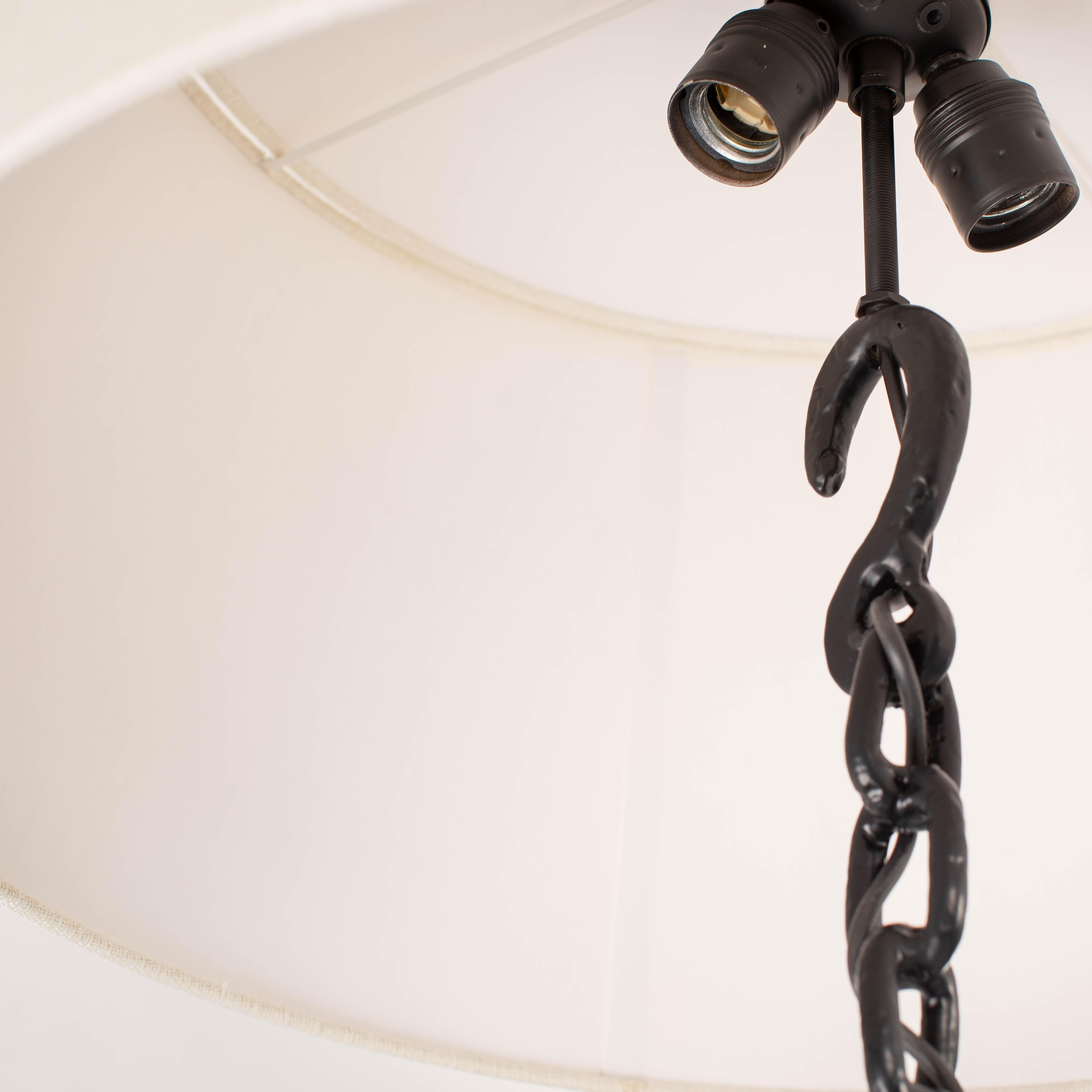 Forged French Brutalist Mid-Century Black Iron Chain Floor Lamp White Silk Shade 1960s For Sale
