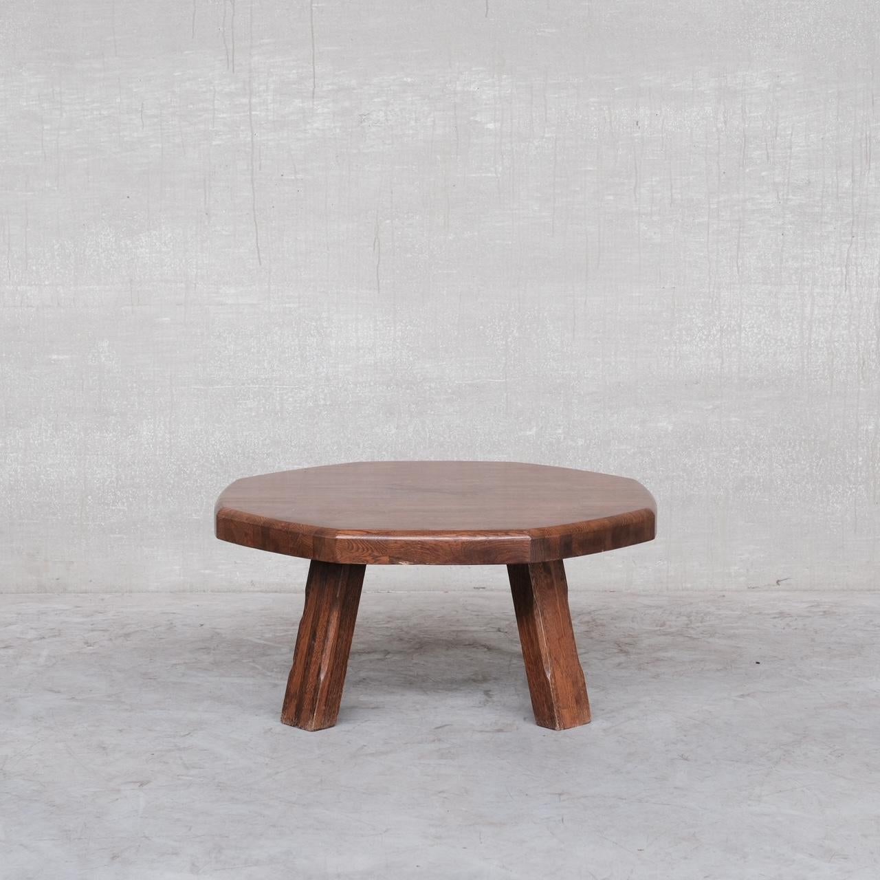 An octagonal chunky coffee table. 

Polished good quality wood. More elegant brutalist coffee table than our other options which are more rustic. 

Formed from slatted oak over four legs. 

France, c1970s.

Location: Belgium Gallery.