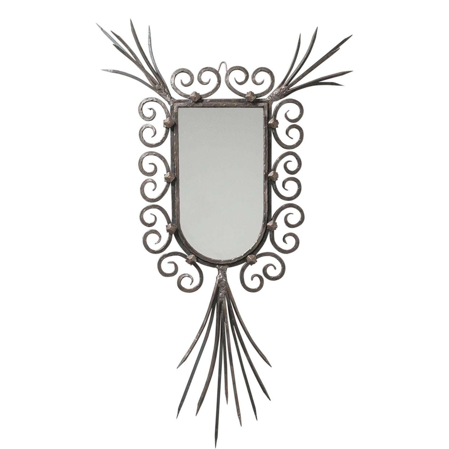 French Brutalist Mirror, circa 1970, Forged Iron