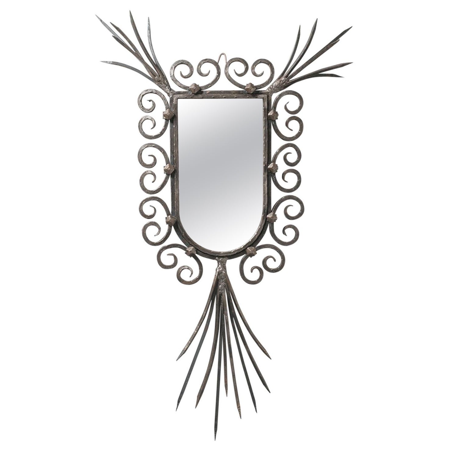 French Brutalist Mirror, circa 1970, Forged Iron