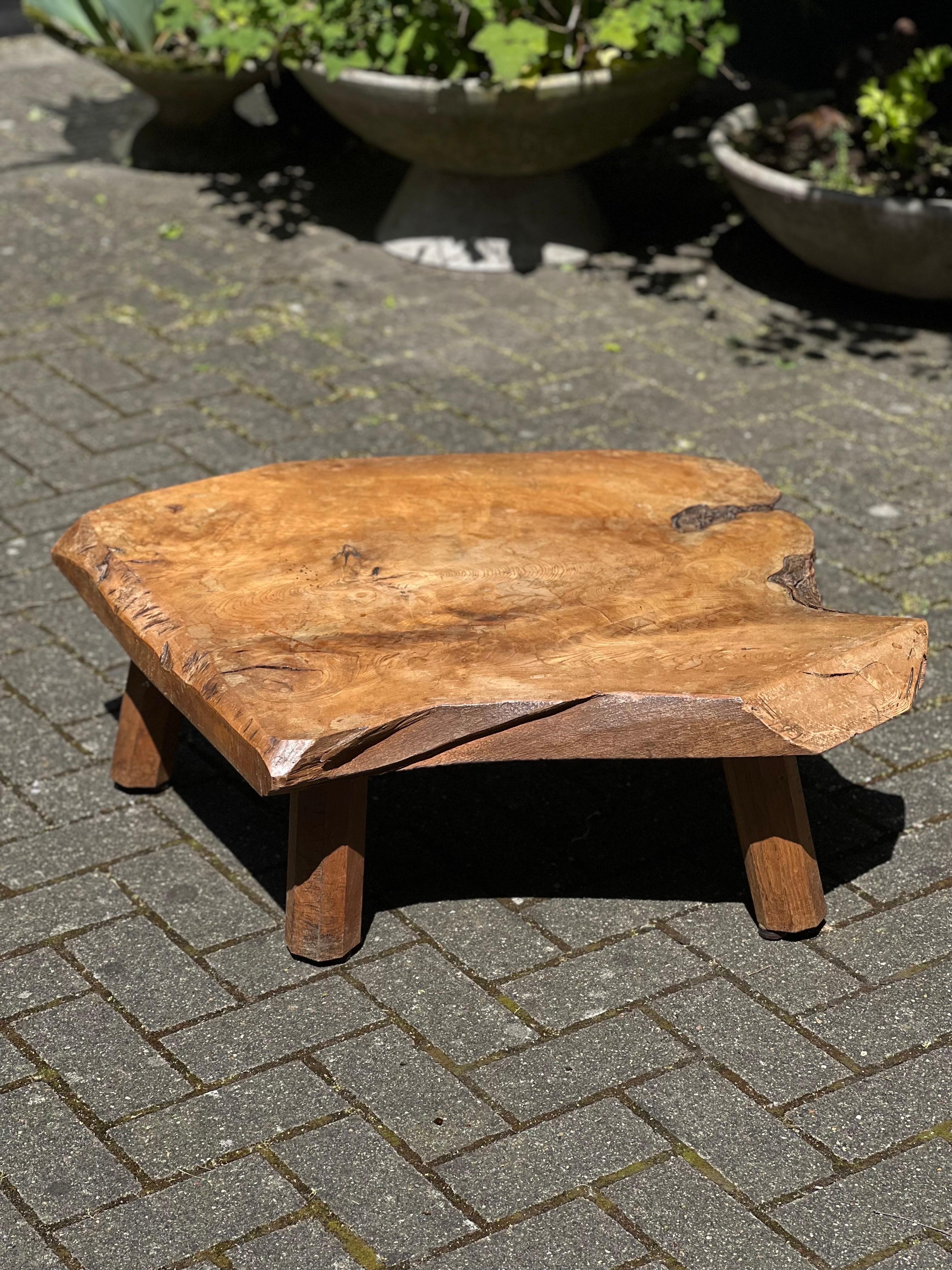 Hand-Carved French Brutalist Oak Coffee Table, Freeform, 1950s, Handmade For Sale