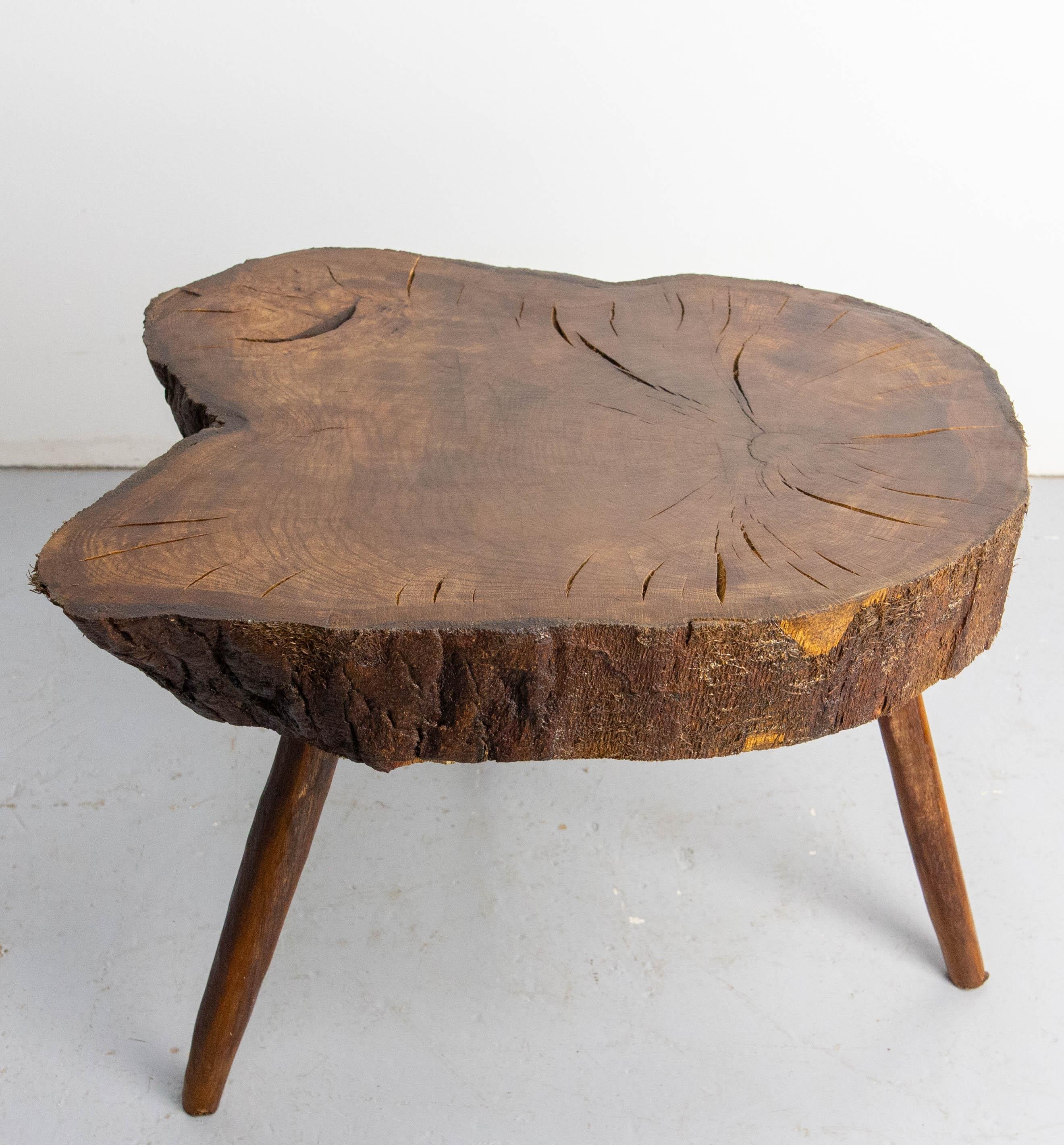 Table basse française du milieu du siècle réalisée avec le tronc d'un chêne. Les fissures dans le bois et l'écorce encore présente contribuent à l'authenticité d'une pièce déjà marquée par son style brutaliste.
En bon état, avec quelques marques