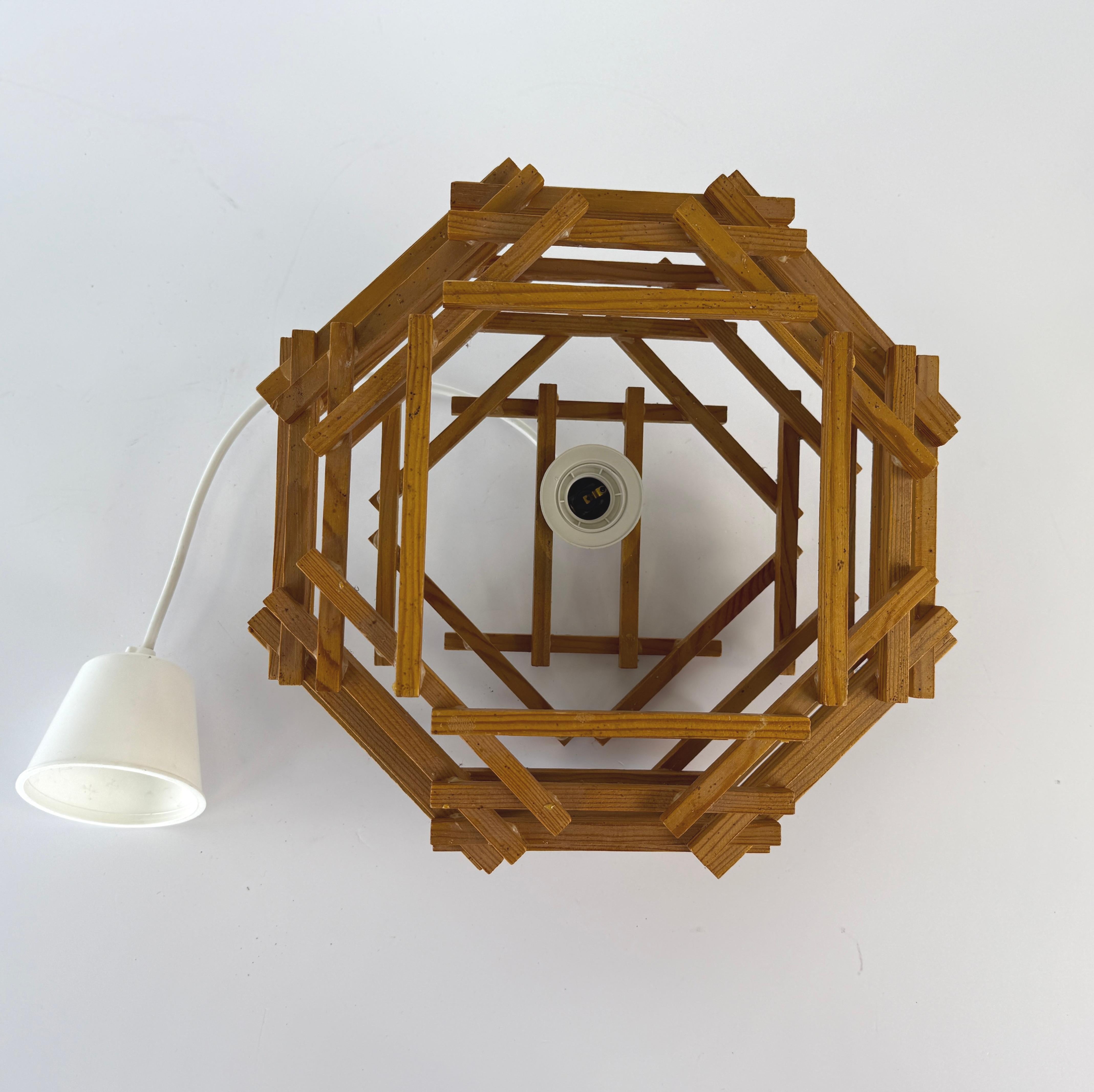 Wood French Brutalist Pendant Lamp, 1950s For Sale