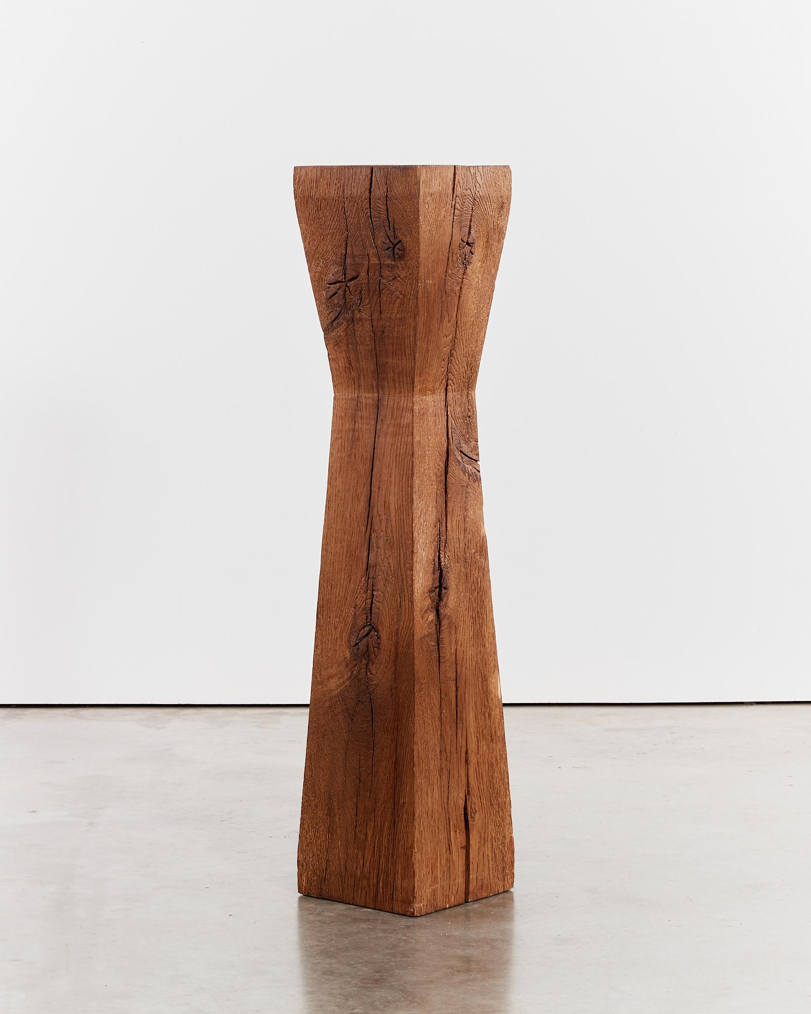 Oak French brutalist pinched waist oak plinth / pedestal Brancusi / wabi sabi style For Sale