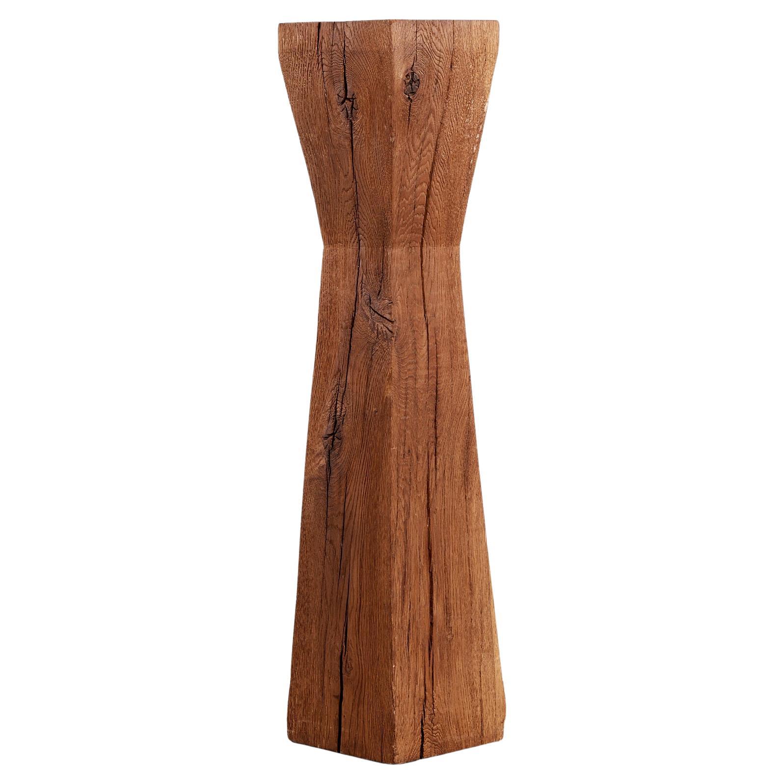 French brutalist pinched waist oak plinth / pedestal Brancusi / wabi sabi style For Sale