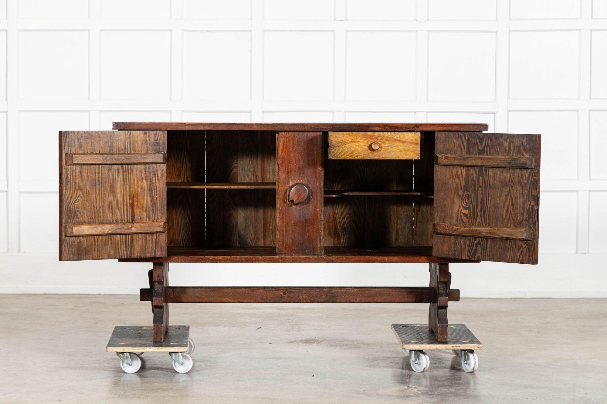 circa 1960
French Brutalist Pine Sideboard
After Charles Flandres
(Knob rotates to release door locks)
sku 2100
W136 x D43 x H80.5 cm
Internal shelf depth 28 cm
Weight 40Kg