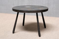 French Brutalist Round Side Table in Wrought Iron and Slate, 1970s