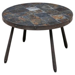 French Brutalist Round Side Table in Wrought Iron and Slate, 1970s