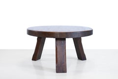French Brutalist Round Solid Oak Artisan Coffee Table, 1960's