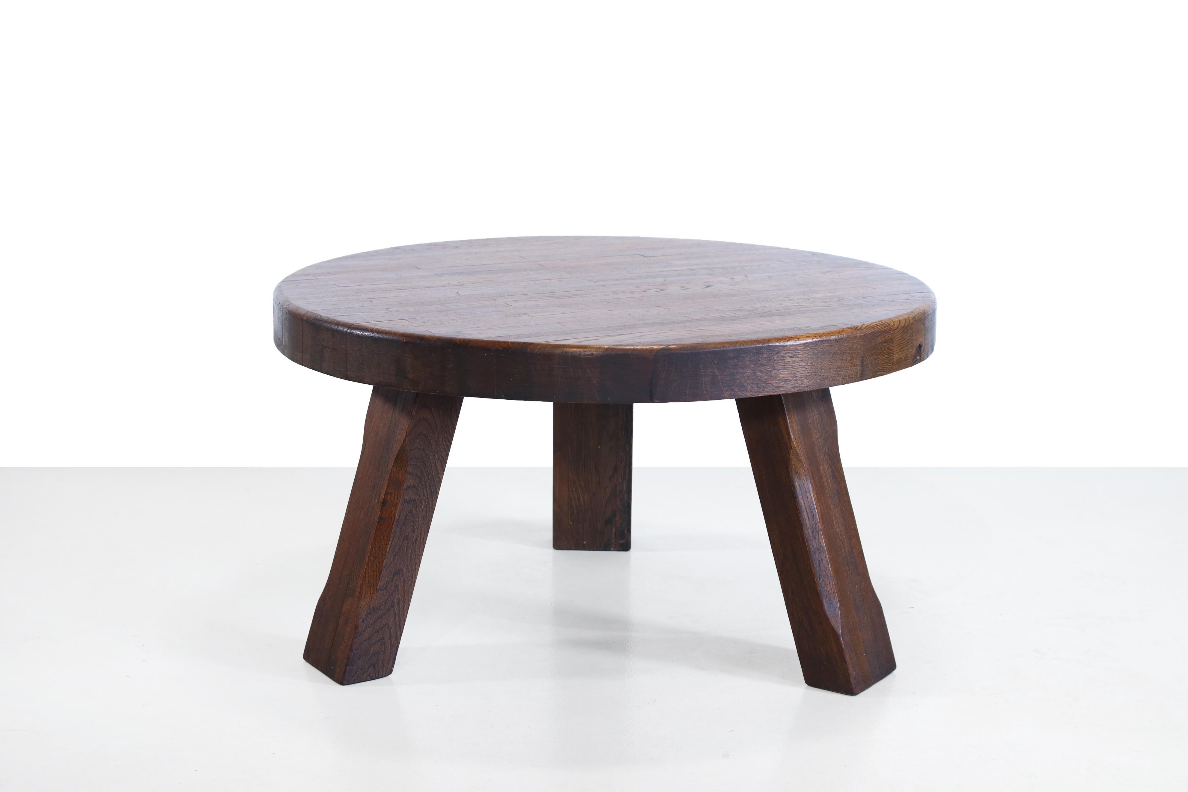 20th Century French Brutalist Round Solid Oak Artisan Coffee Table, 1960's