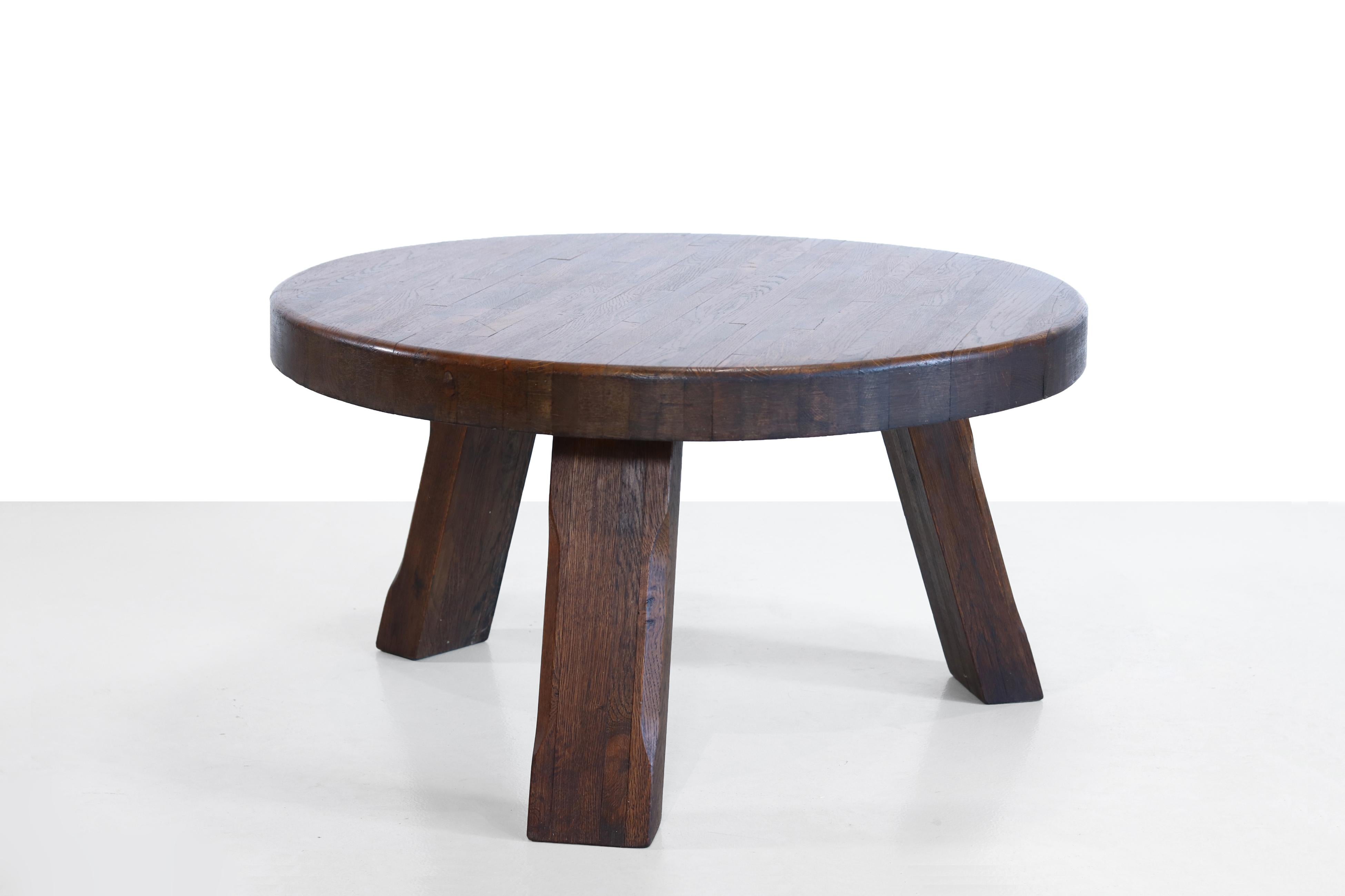 French Brutalist Round Solid Oak Artisan Coffee Table, 1960's 1