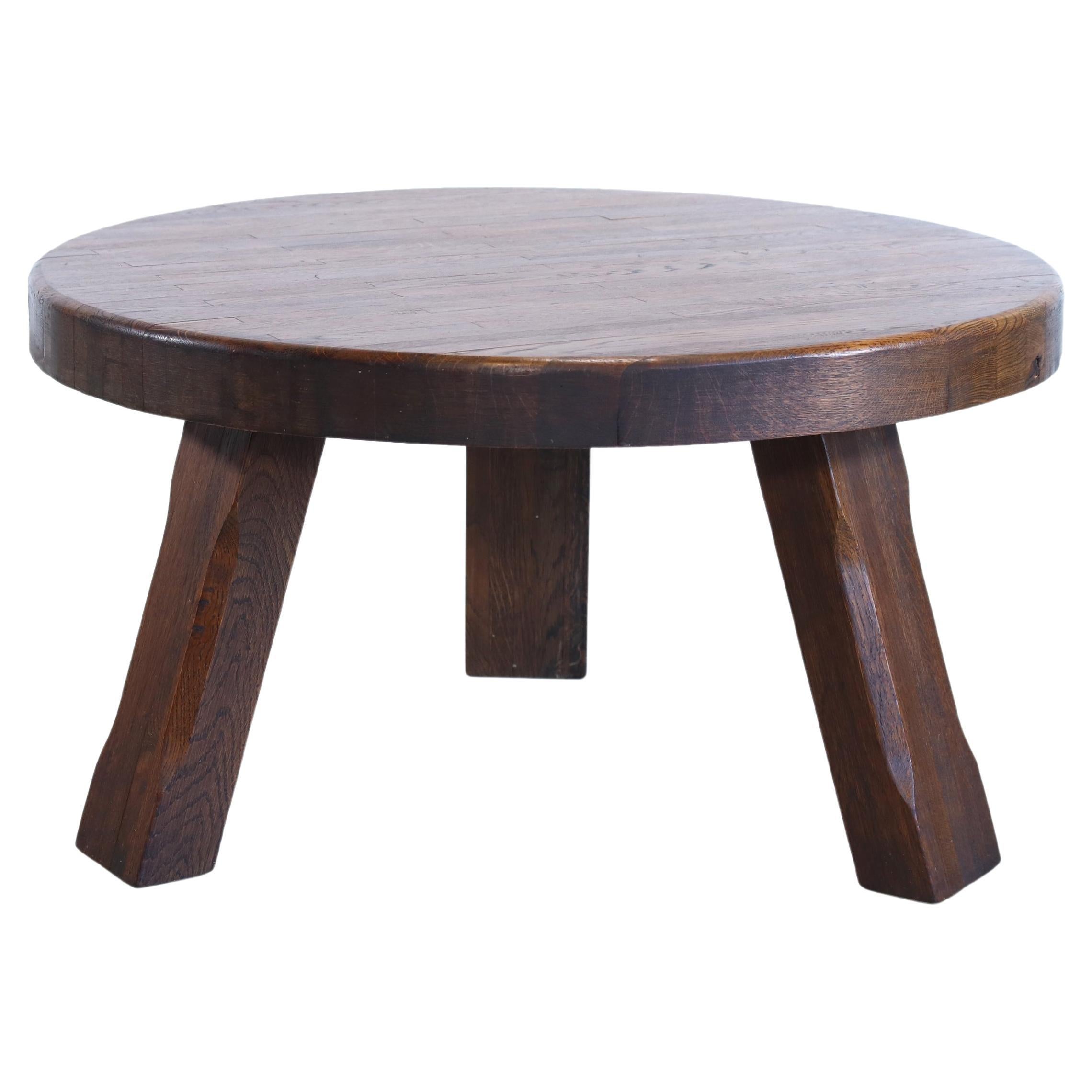 French Brutalist Round Solid Oak Artisan Coffee Table, 1960's