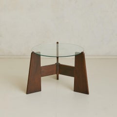 French Brutalist Round Wood + Glass Coffee Table, 1960s