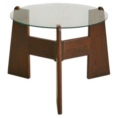 French Brutalist Round Wood + Glass Coffee Table, 1960s