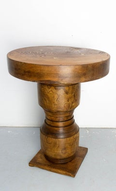 French Brutalist Side Table Elm Wood Hubs Pedestal, circa 1940