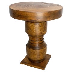 French Brutalist Side Table Elm Wood Hubs Pedestal, circa 1940