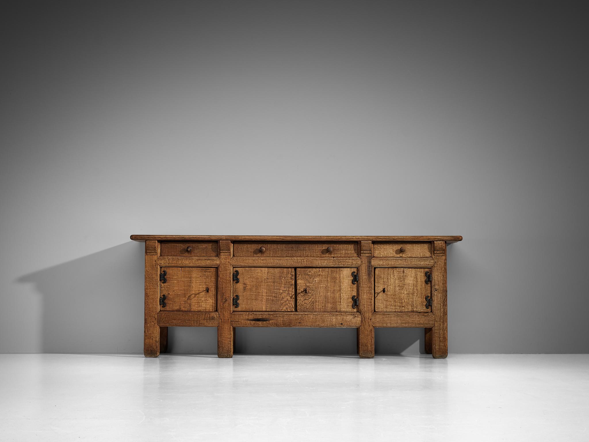 French Brutalist Sideboard in Oak with Iron Decorative Elements 6