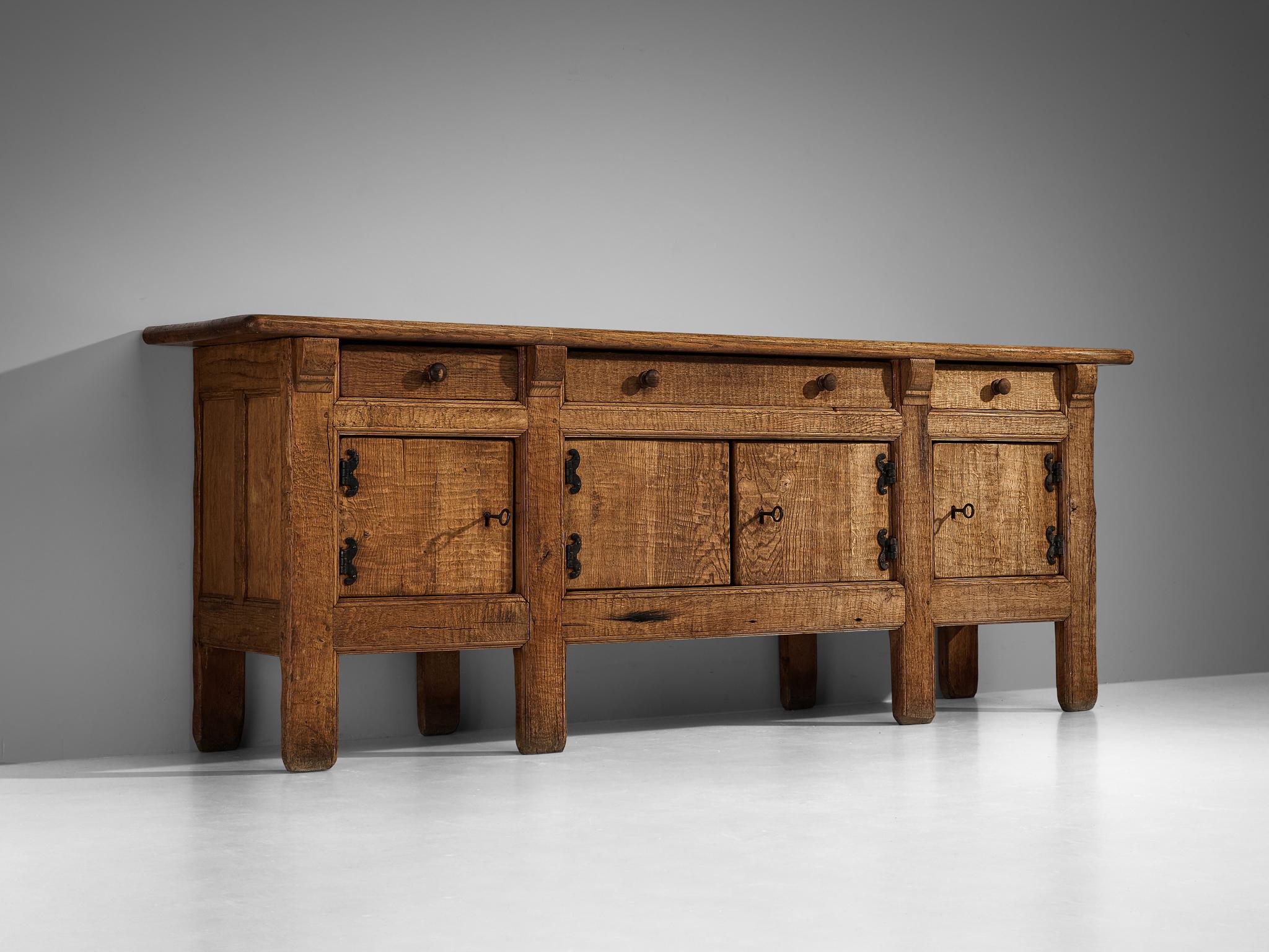 French Brutalist Sideboard in Oak with Iron Decorative Elements 1