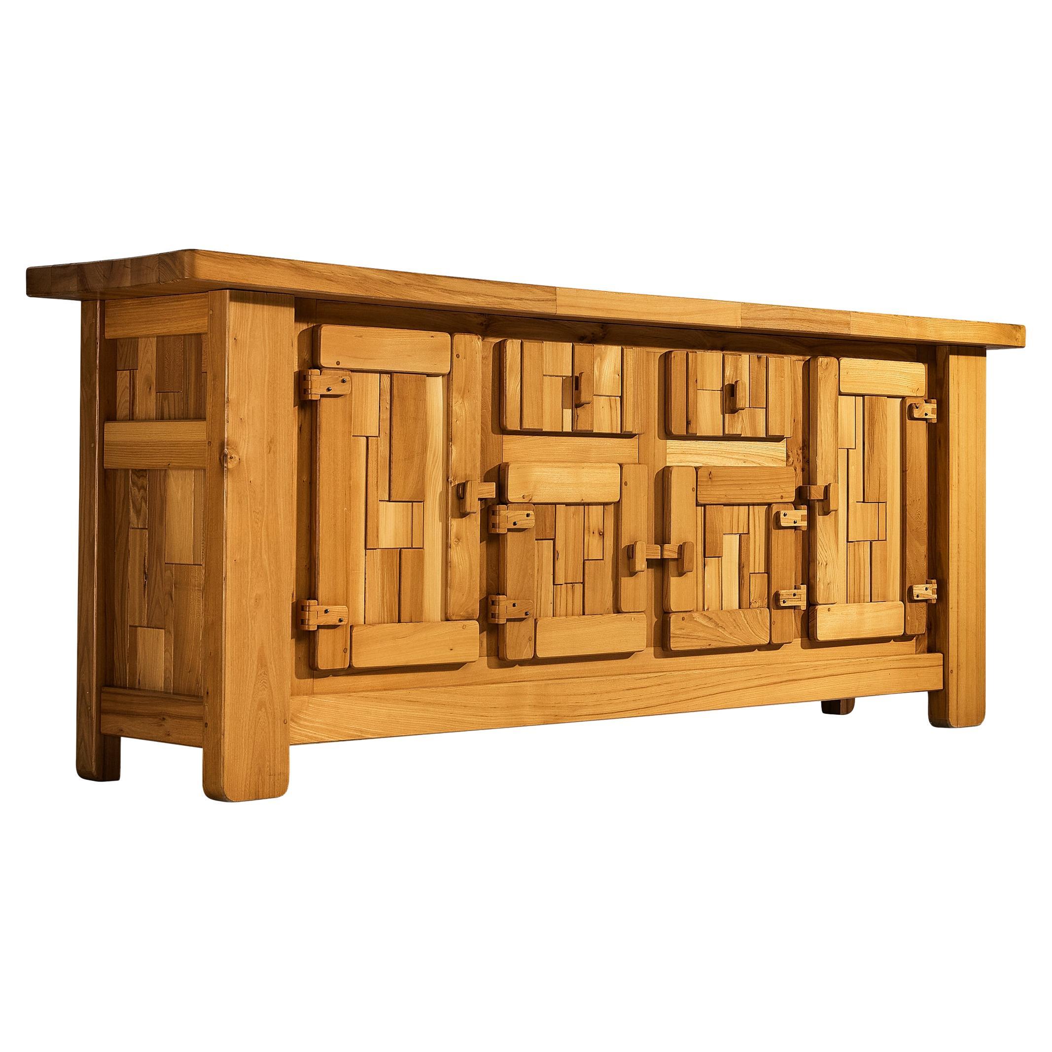 French Brutalist Sideboard with Graphic Doors in Elm