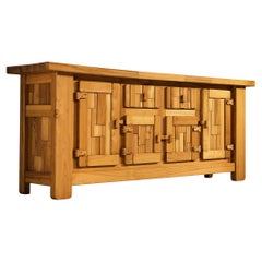 French Brutalist Sideboard with Graphic Doors in Elm