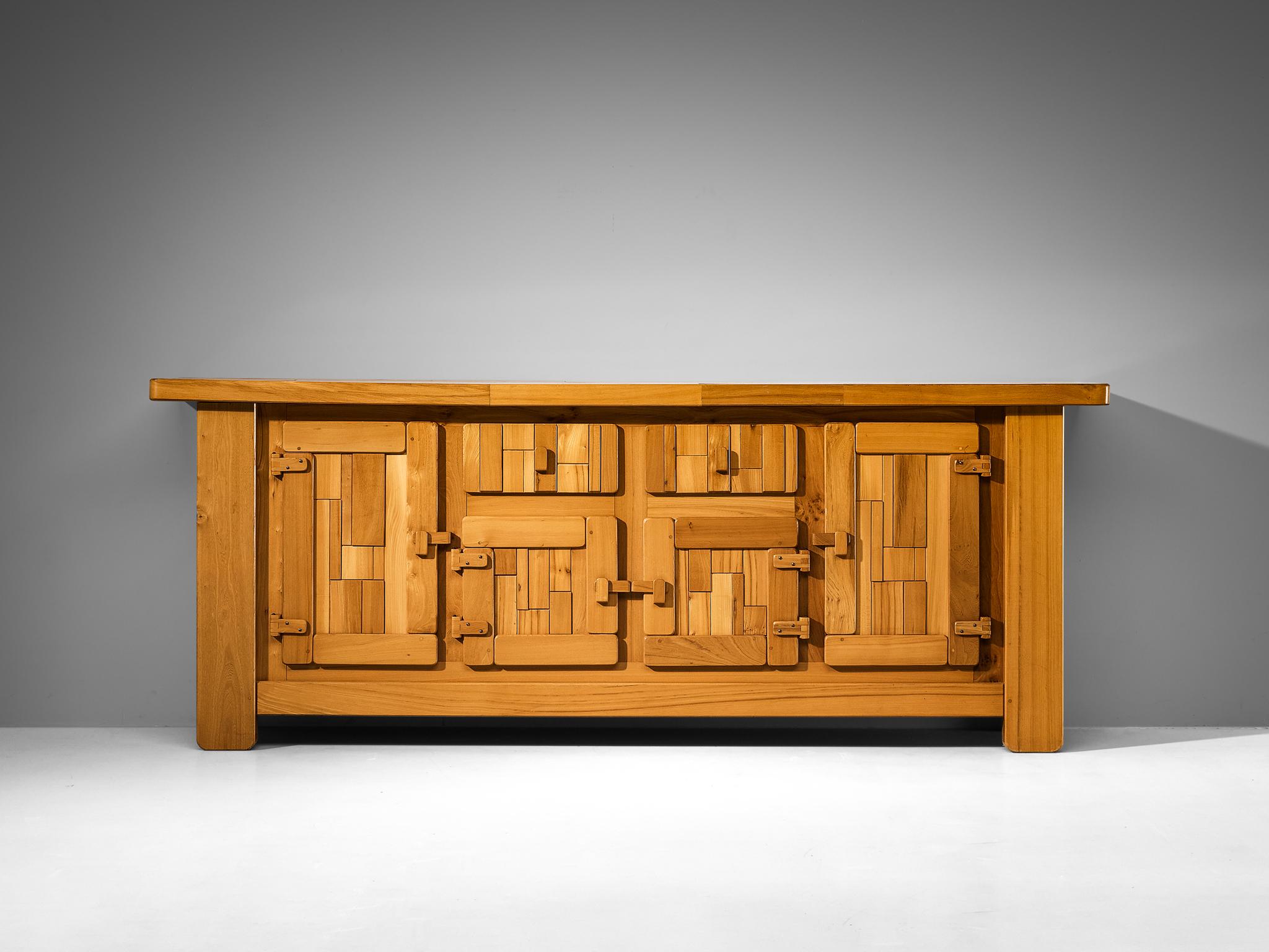 Late 20th Century French Brutalist Sideboard with Graphic Doors in Solid Elm For Sale