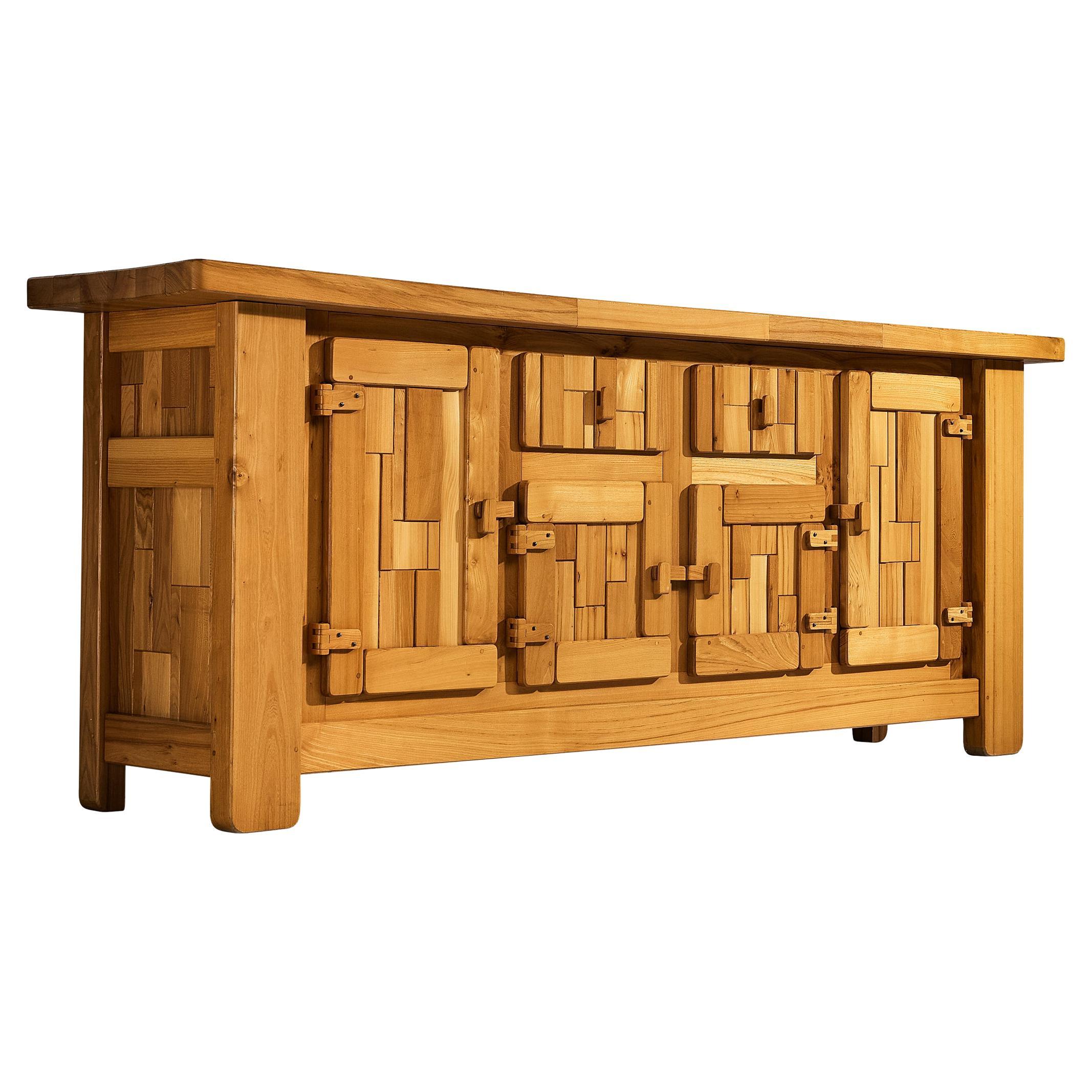 French Brutalist Sideboard with Graphic Doors in Solid Elm