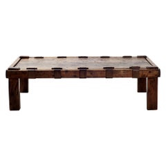 French Brutalist Solid Oak and Leather Coffee Table circa 1970