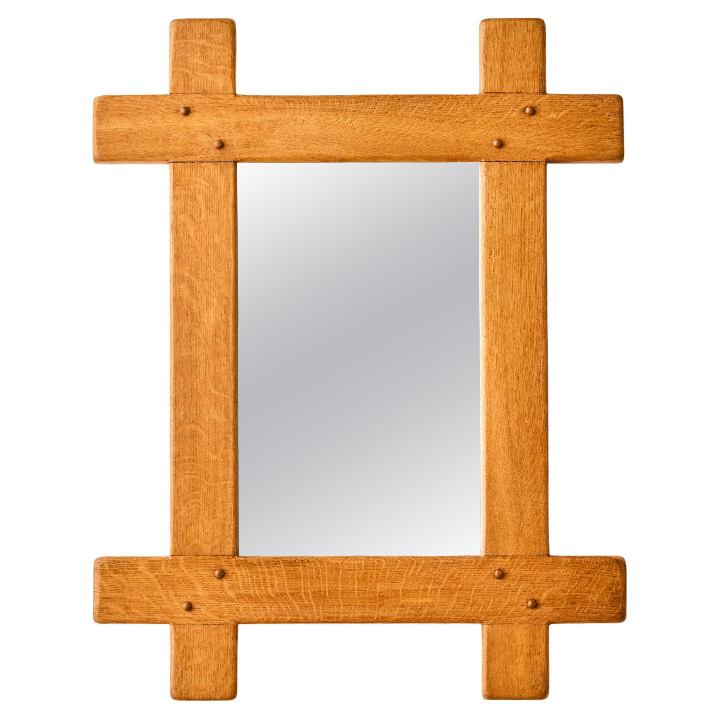 French Brutalist Solid Oak Mirror c. 1970
s