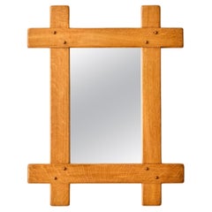 French Brutalist Solid Oak Mirror c. 1970's