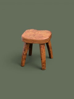 French Brutalist Stool, Carved Elm Burl, Organic Edge, 1960s
