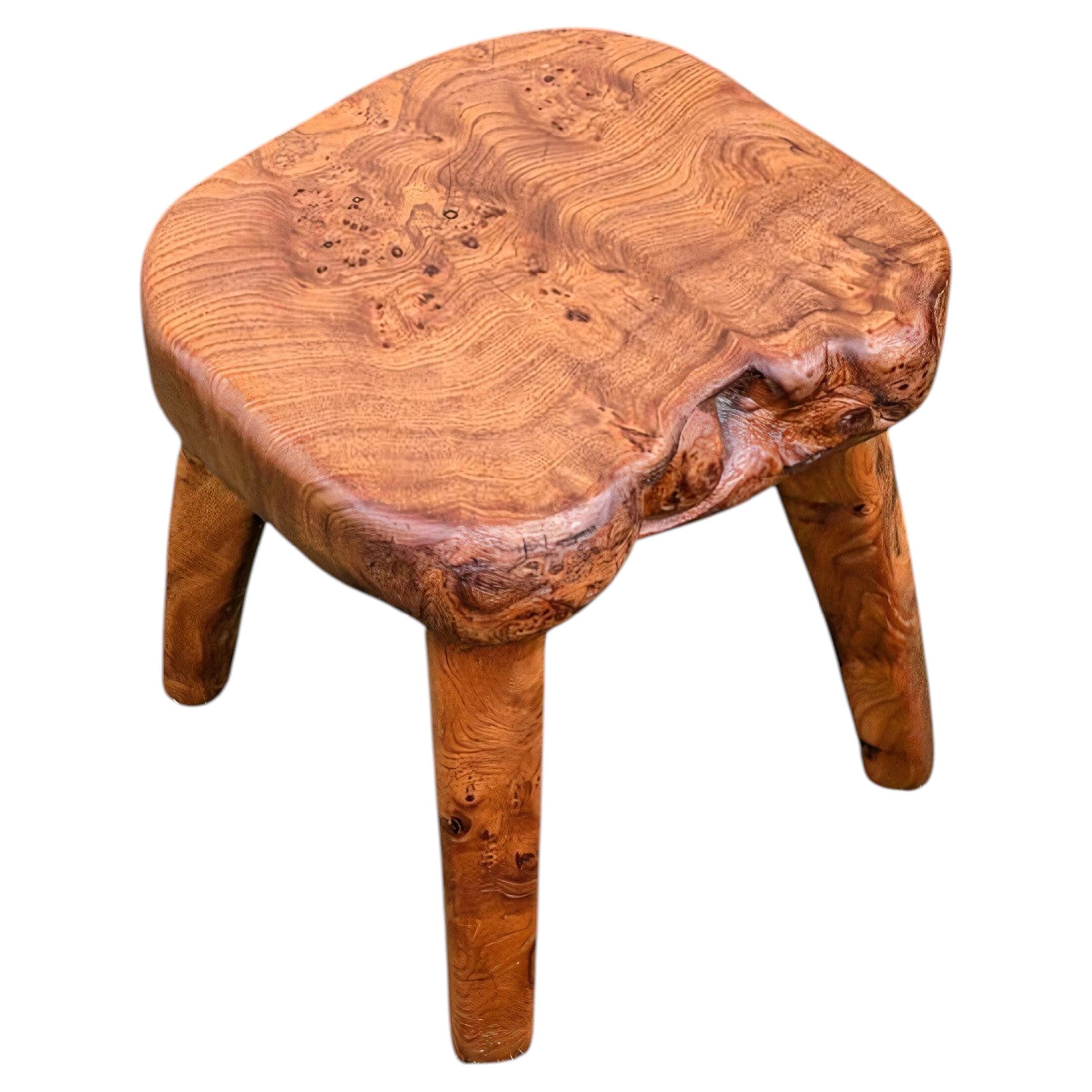 French Brutalist Stool, Carved Elm Burl, Organic Edge, 1960s For Sale